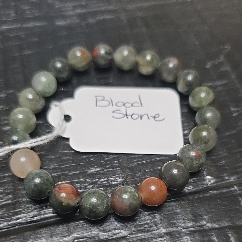 Natural Bloodstone Beaded Stretch Bracelet - Green & Red